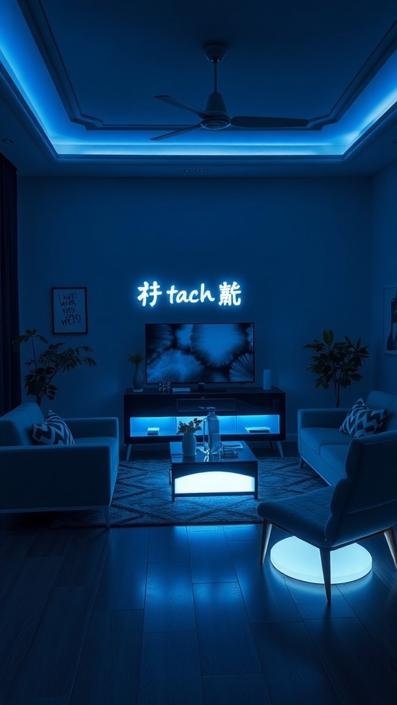 A modern living room with glow-in-the-dark furniture, featuring blue lighting and minimalist design.