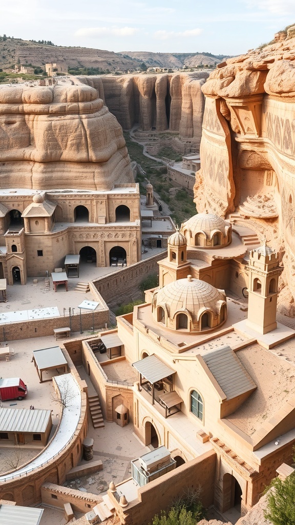 Aerial view of the Goreme Open-Air Museum showcasing rock-cut churches and unique landscape.