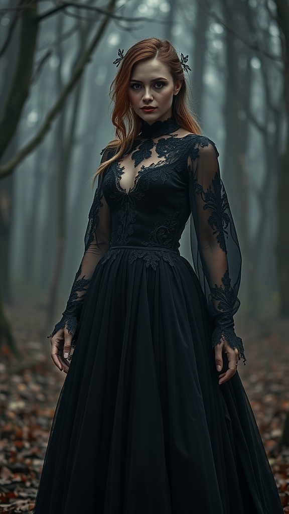 A black gothic dress displayed on a mannequin in a misty forest setting.