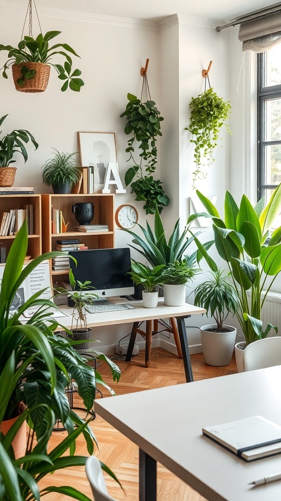 A study room filled with various plants, including hanging and potted greenery, creating a fresh and inviting atmosphere.