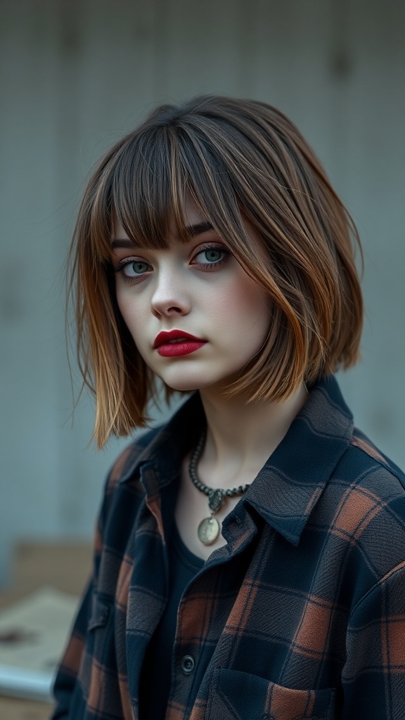 A model with a grunge-inspired messy bob hairstyle, wearing a plaid shirt and a necklace.
