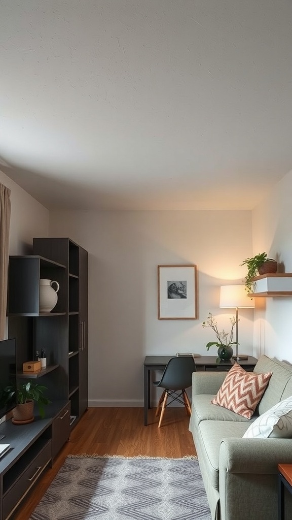Cozy living area with a light-colored gypsum ceiling and soft-toned furniture.