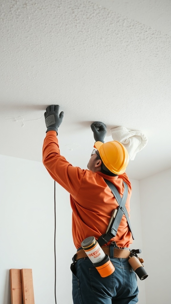 A worker installing a gypsum ceiling, wearing gloves and a hard hat, focused on finishing touches.