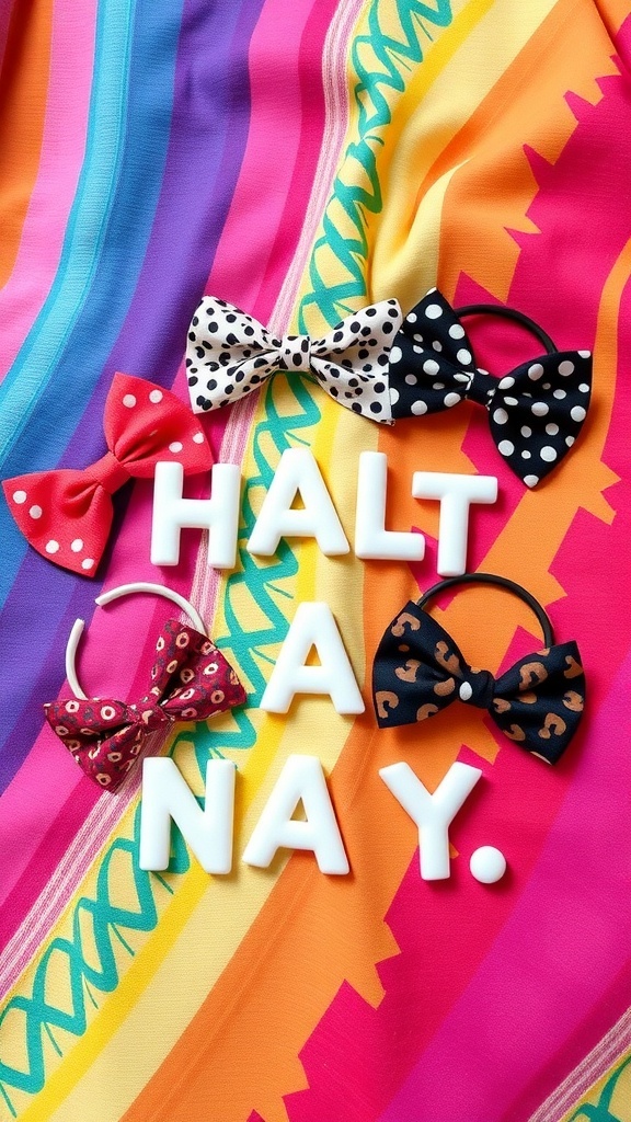 A colorful display of funky hair accessories including bows and headbands on a vibrant background.