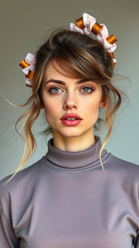 A woman with half-up, half-down hairstyle adorned with scrunchies, showcasing a 90s hair trend.