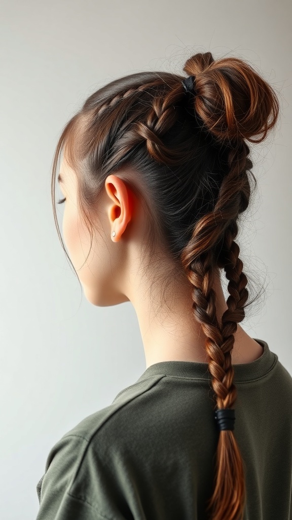 A woman with a half-up ponytail featuring braids on the side, showcasing a trendy tomboy hairstyle.