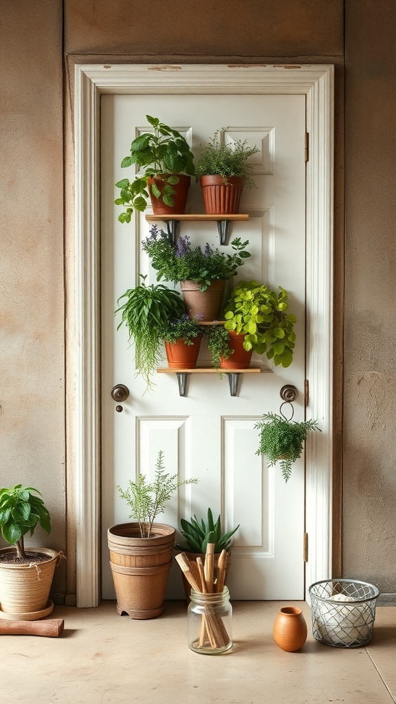 A pantry door decorated with potted herbs, showcasing a variety of plants in terracotta pots.