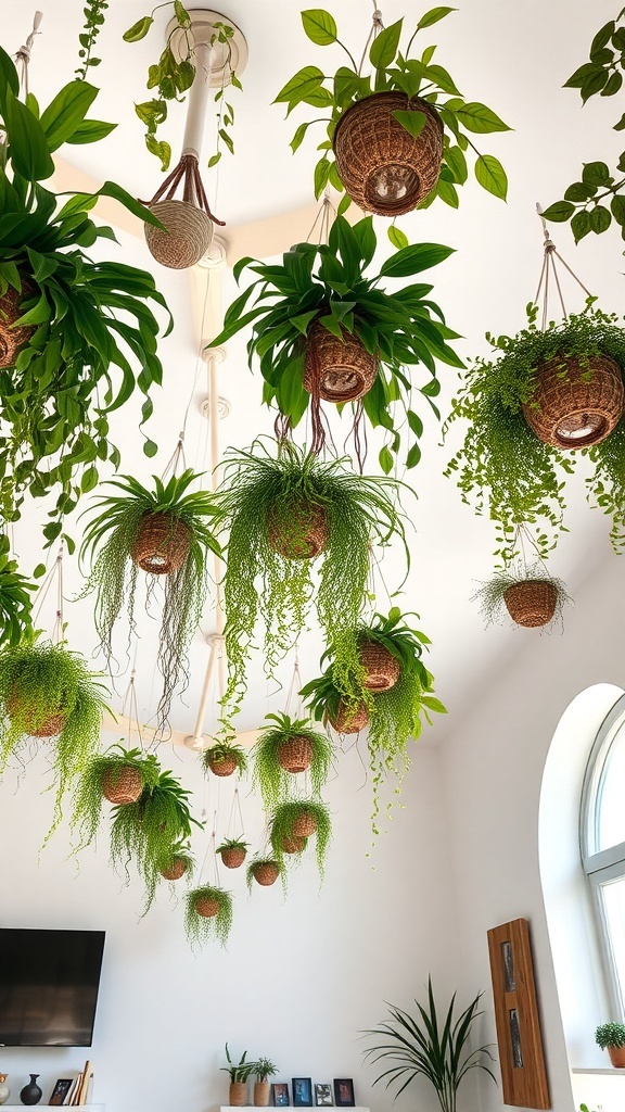 A ceiling adorned with hanging plants in woven baskets, showcasing various green foliage.