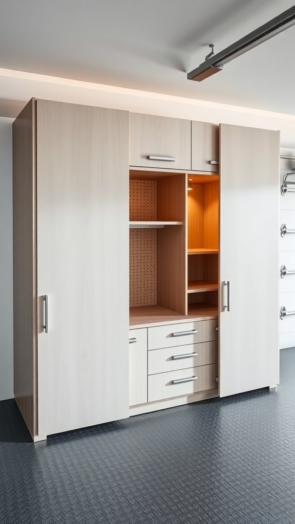 Modern garage cabinet with sliding doors and a light wood finish, featuring shelves and drawers for storage.