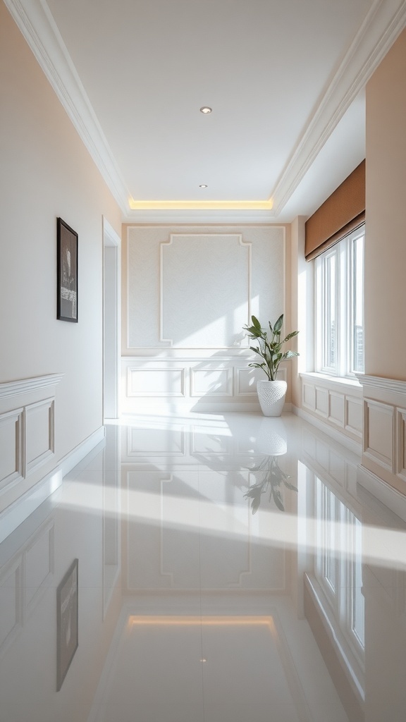 A hallway with high-gloss finish baseboards and a modern decor style.