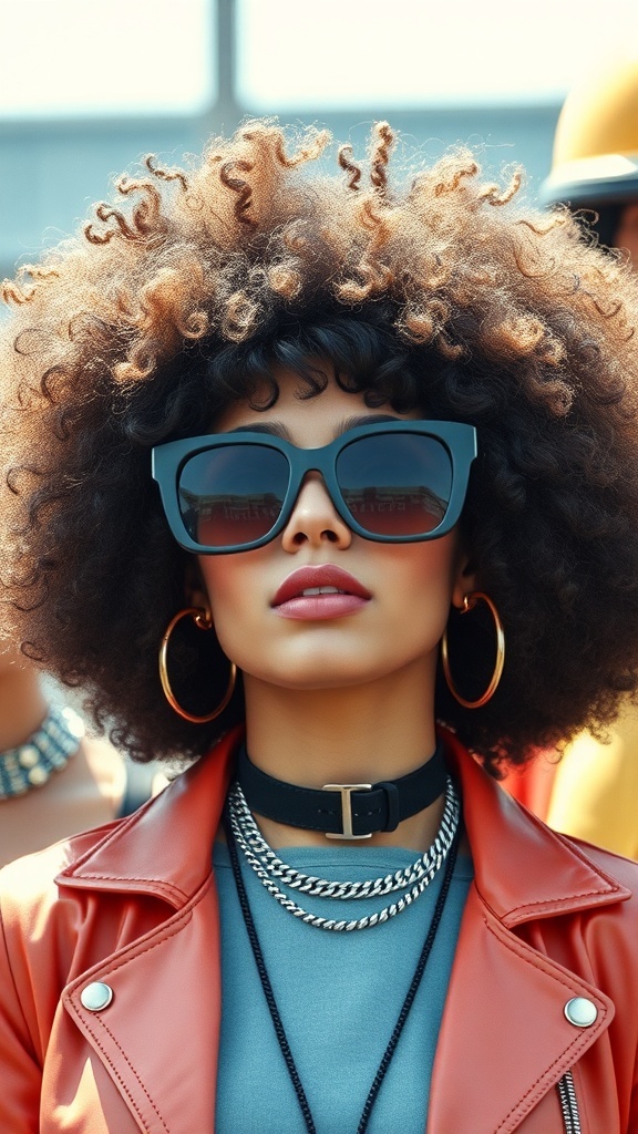 A woman with high-volume curly hair, wearing oversized sunglasses and layered jewelry, showcasing a 90s hairstyle.