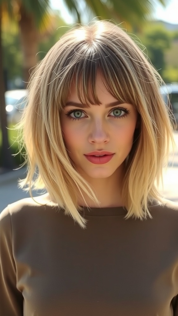A woman with a highlighted French bob hairstyle and soft bangs, showcasing a fresh and trendy look.