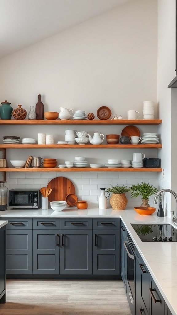 A modern kitchen featuring open shelving with various dishes and decorative items arranged on wooden shelves above dark cabinets.