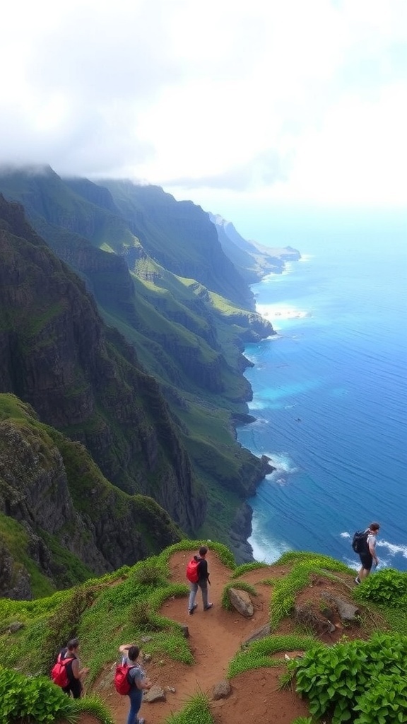 Hikers on the Kalalau Trail overlooking the Na Pali Coast in Kauai, Hawaii.