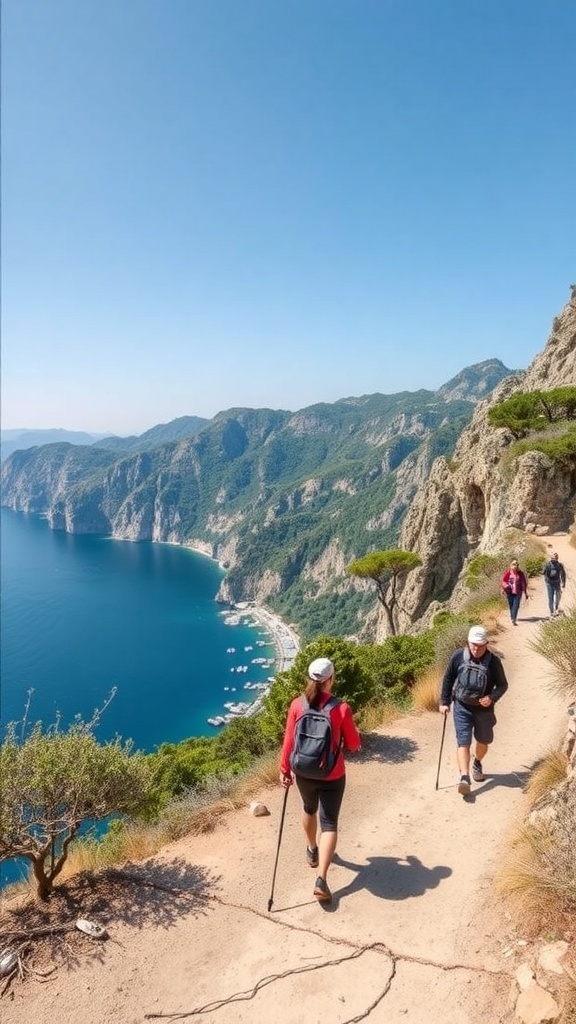 Hikers on the Path of the Gods overlooking the Amalfi Coast
