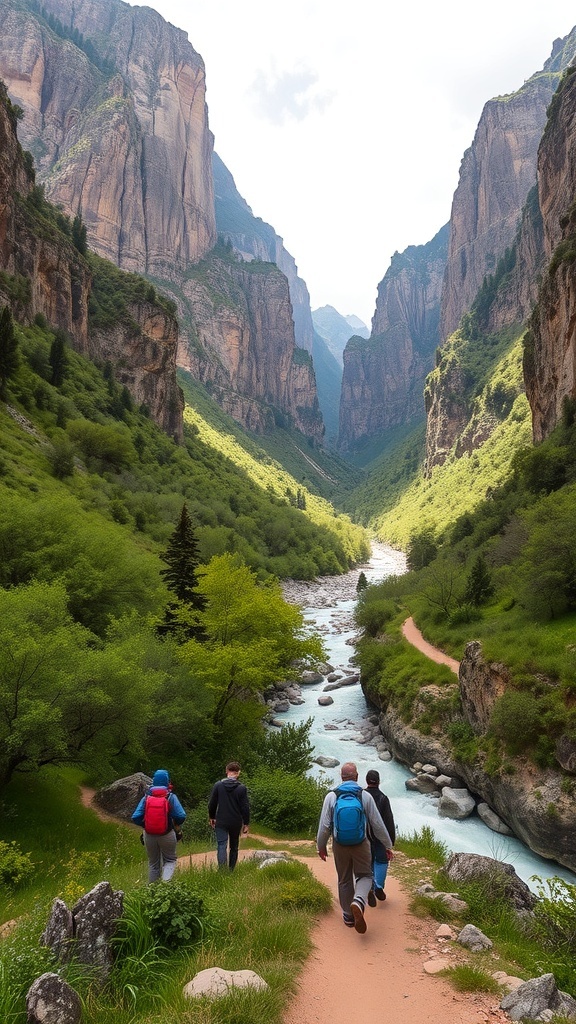 A group of hikers walking through Ihlara Valley, surrounded by cliffs and greenery.
