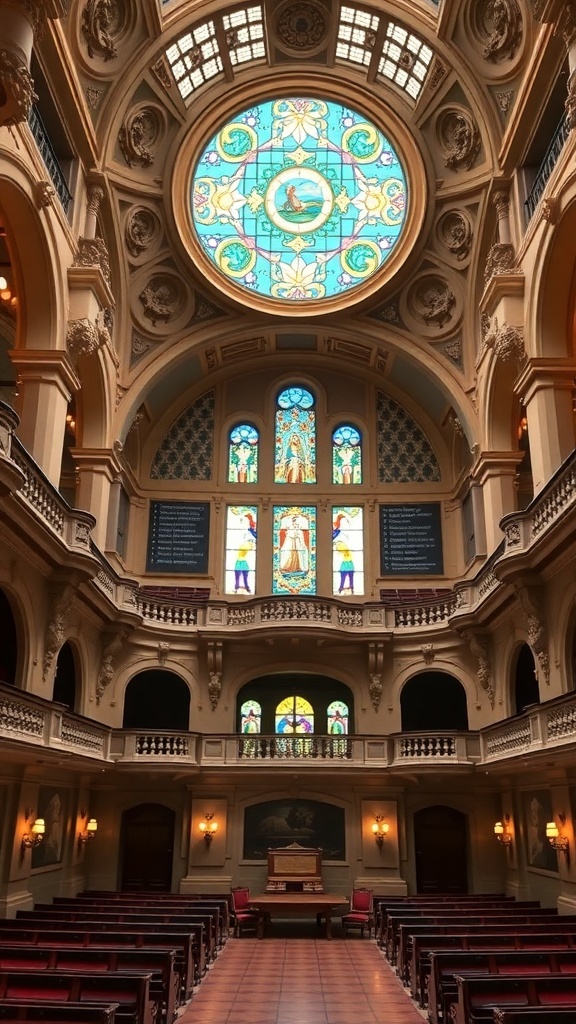 Interior view of the Palau de la Música Catalana showcasing stained glass and ornate architecture.