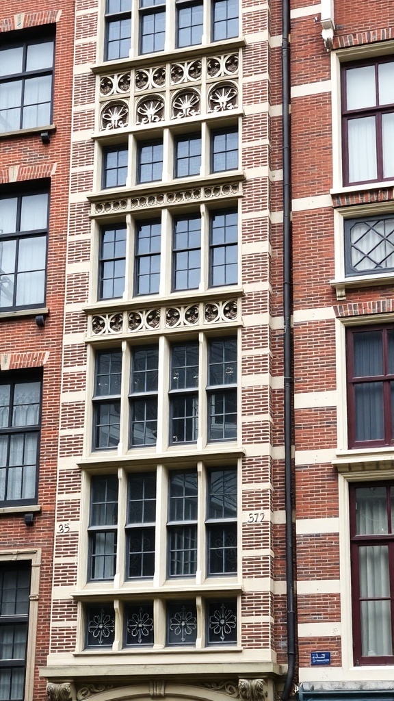 Close-up of a historic brick building in Amsterdam with decorative window details.
