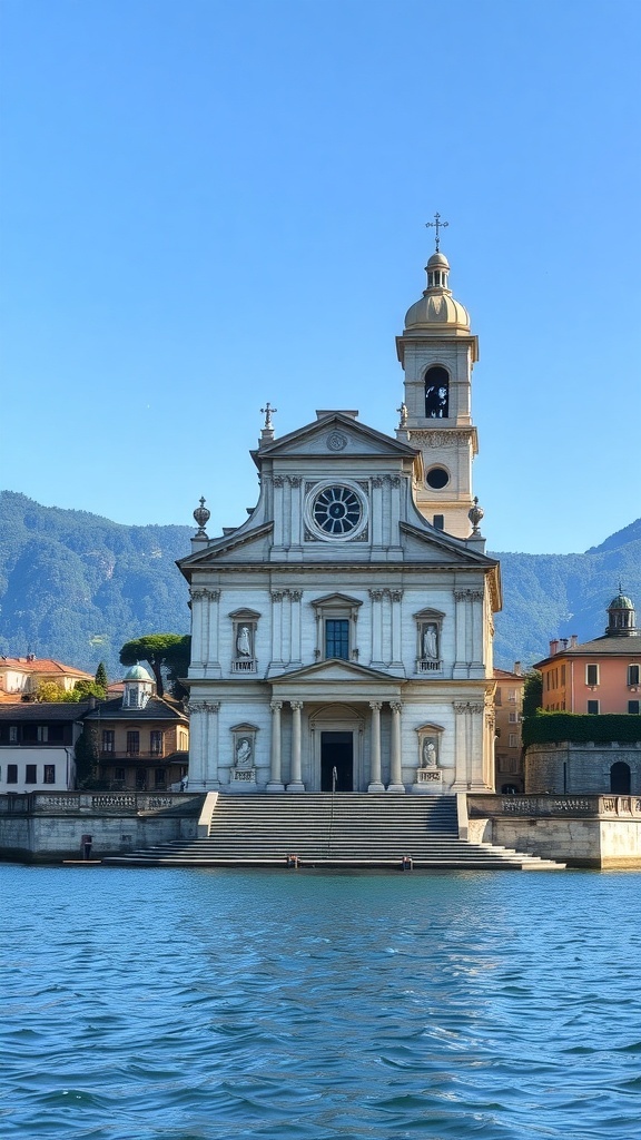 Historic church with a bell tower by Lake Como, surrounded by mountains