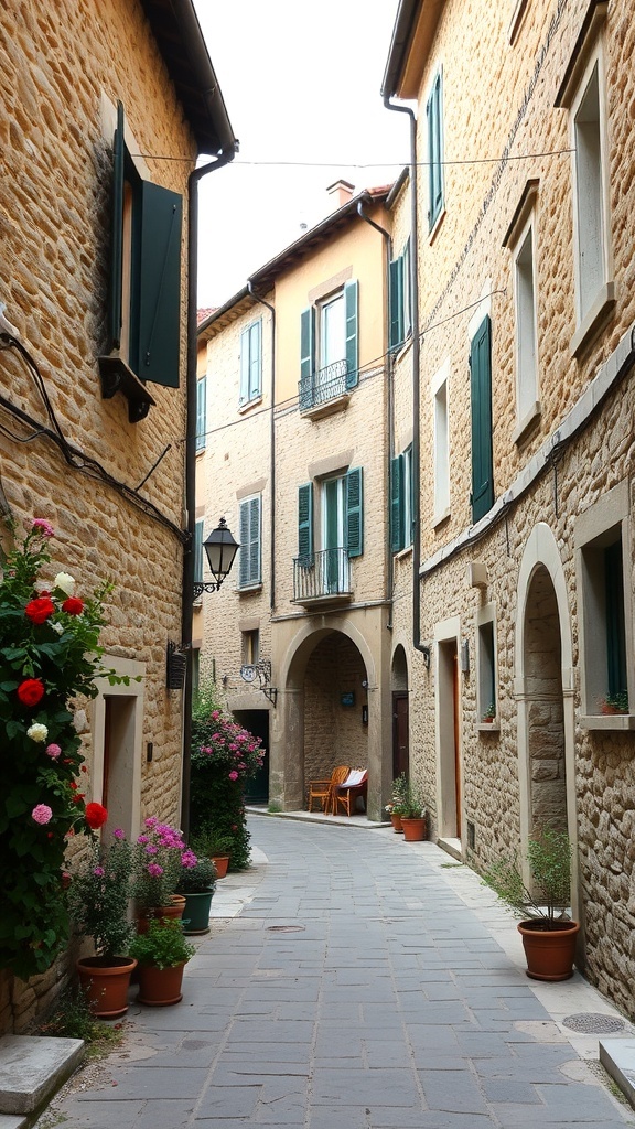 Narrow street in a historic stone village with colorful flowers in pots and charming buildings.
