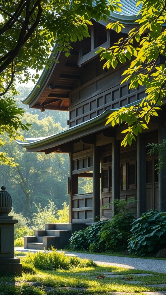 A traditional Japanese temple surrounded by lush greenery, showcasing intricate wooden architecture.