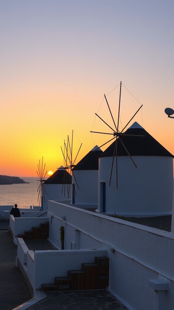 Historic windmills of Mykonos at sunset