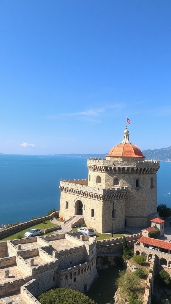A view of the Red Tower in Alanya Turkey, overlooking the sea.