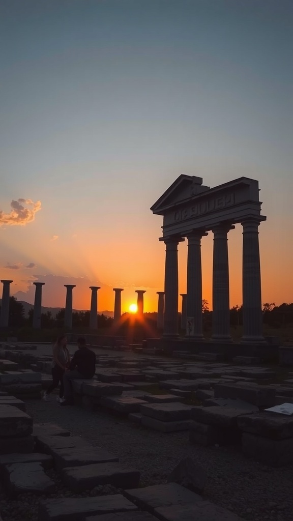 Sunset behind ancient columns at the Temple of Artemis in Izmir, Turkey