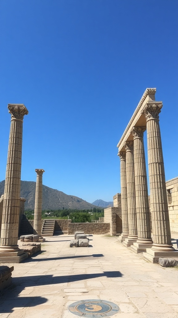 Ruins of the Temple of Hera in Samos, Greece, featuring ancient columns against a clear blue sky.