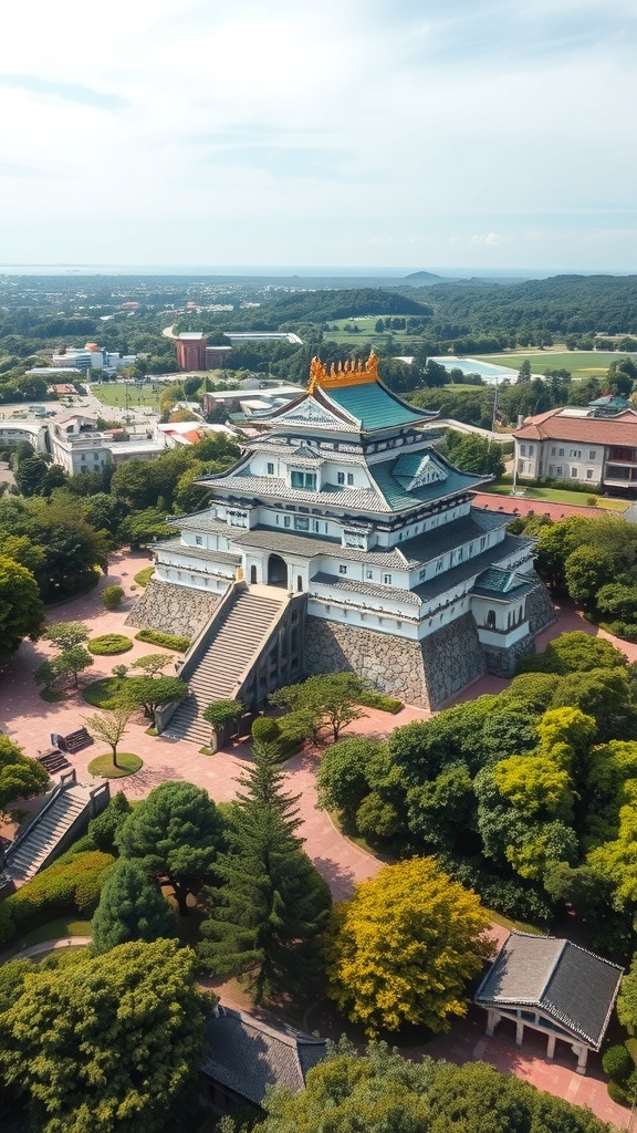 Aerial view of Shuri Castle surrounded by lush greenery and a clear sky