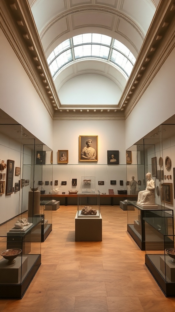 Interior of a museum showcasing various artifacts and artworks with high ceilings and natural light.