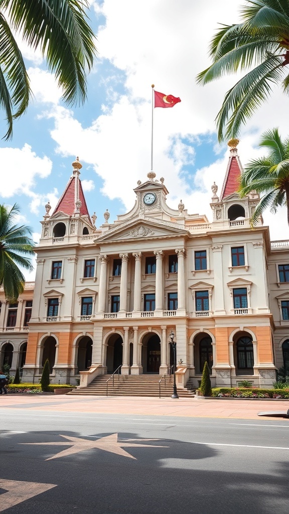 Iolani Palace in Oahu, Hawaii, showcasing its unique architecture and surrounding palm trees.