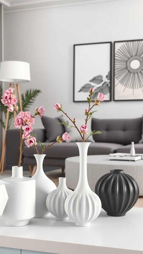A collection of stylish 3D printed vases with flowers on a modern coffee table.
