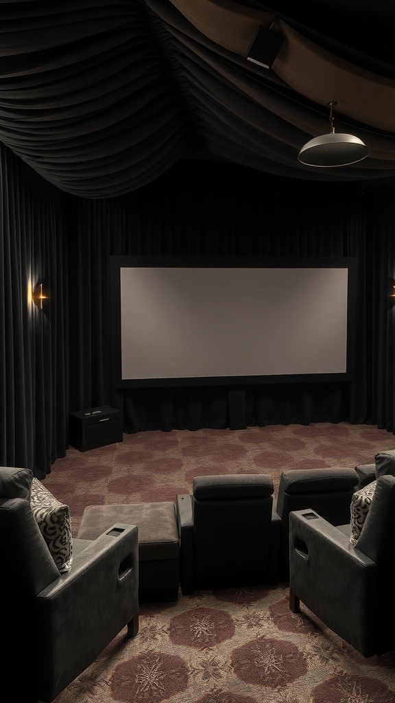 A cozy home theater with velvet curtains and comfortable seating.