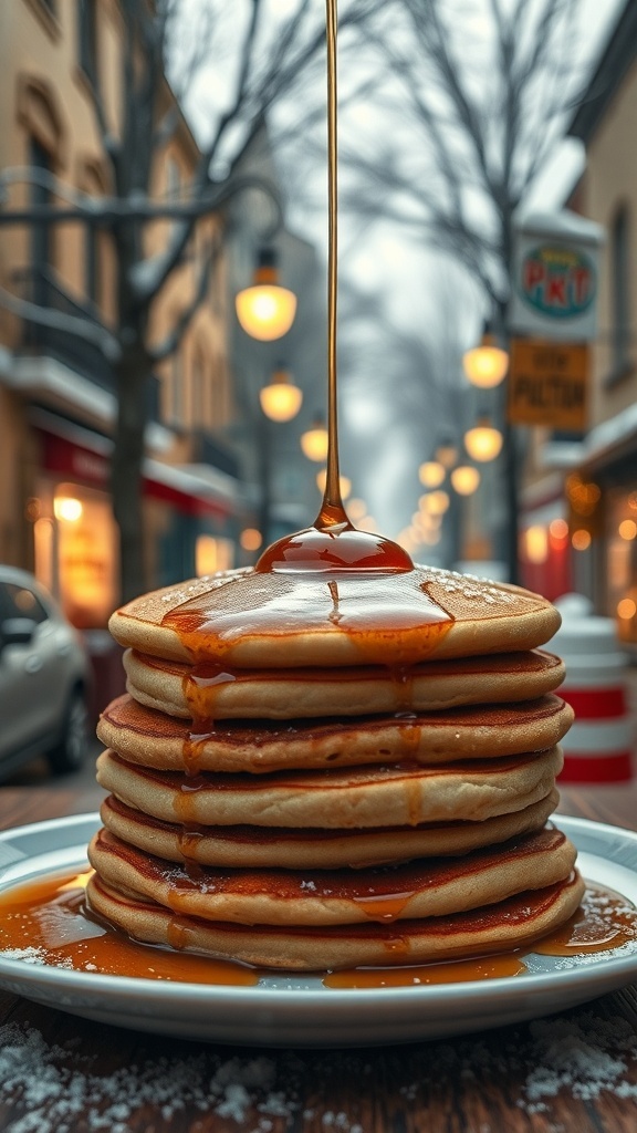 A stack of hotteok pancakes drizzled with syrup on a plate.