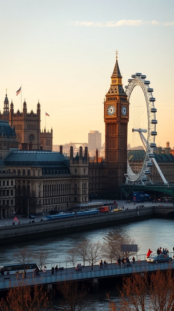 A view of Big Ben and the London Eye during golden hour, with warm colors in the sky and people on the riverbank.