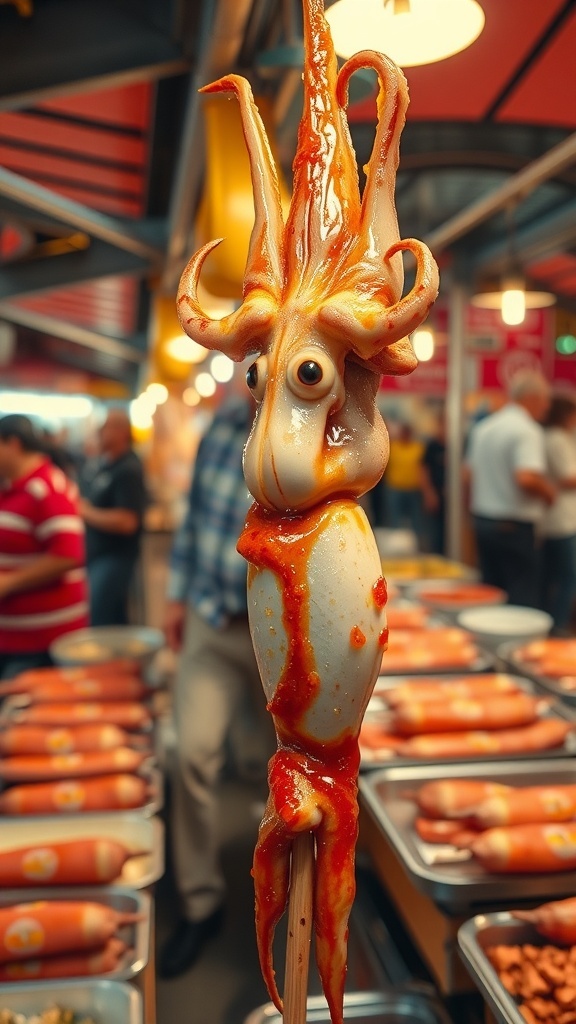 Grilled squid on a stick with sauce, displayed at a street food market.