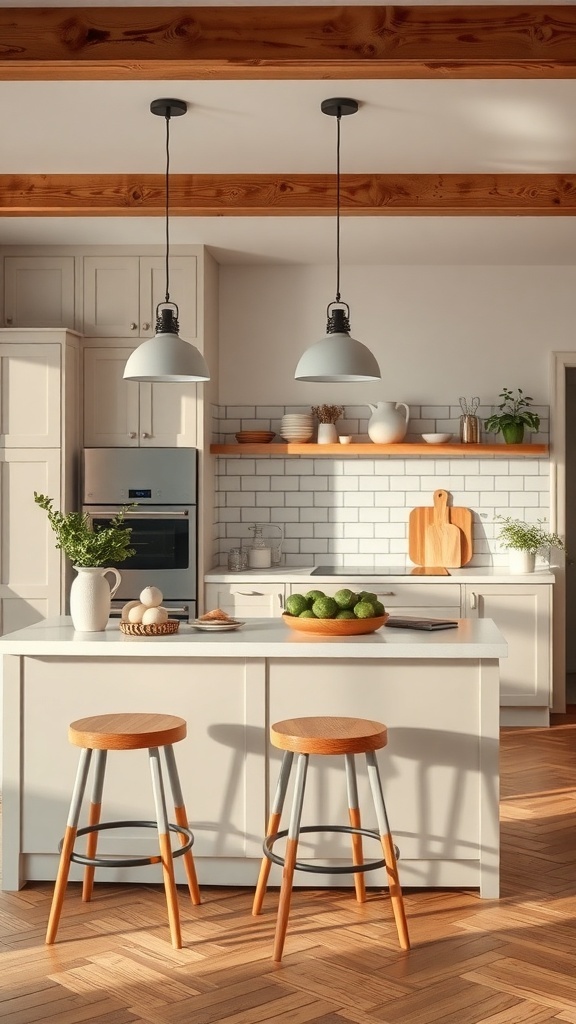 A modern kitchen with a breakfast bar, featuring two stools and stylish decor.