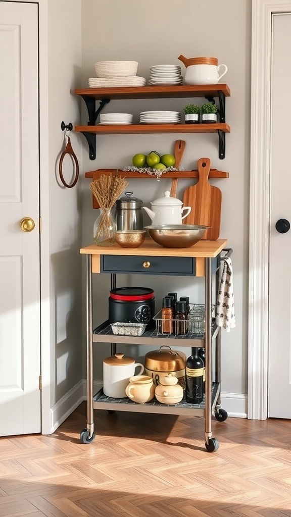 A stylish rolling cart in a small kitchen, featuring a wooden top and metal frame, with kitchen items organized on shelves.