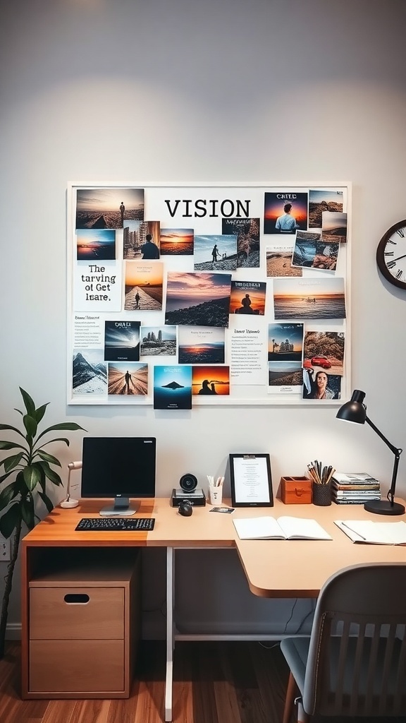 A study room with a vision board displaying the word 'VISION' and various inspirational images.
