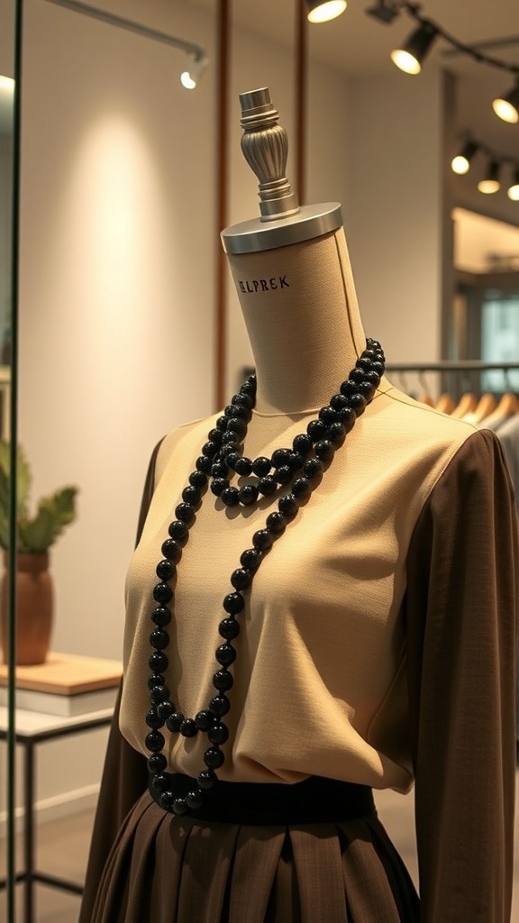 A mannequin wearing a beige top and brown skirt, adorned with a long black beaded necklace.
