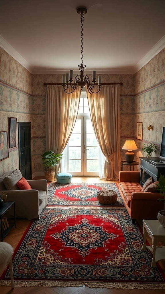 A cozy living room featuring two Iranian carpets, with a sofa, armchair, and large windows letting in natural light.