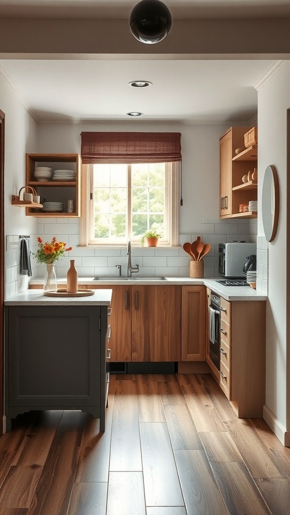 A cozy kitchen featuring a foldable kitchen island, warm wood tones, and a bright window.