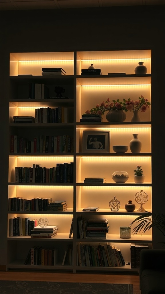 A well-lit bookshelf with warm lighting showcasing books and decorative items.