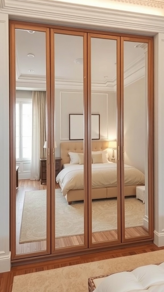 A built-in wardrobe with mirrored doors reflecting a cozy bedroom.
