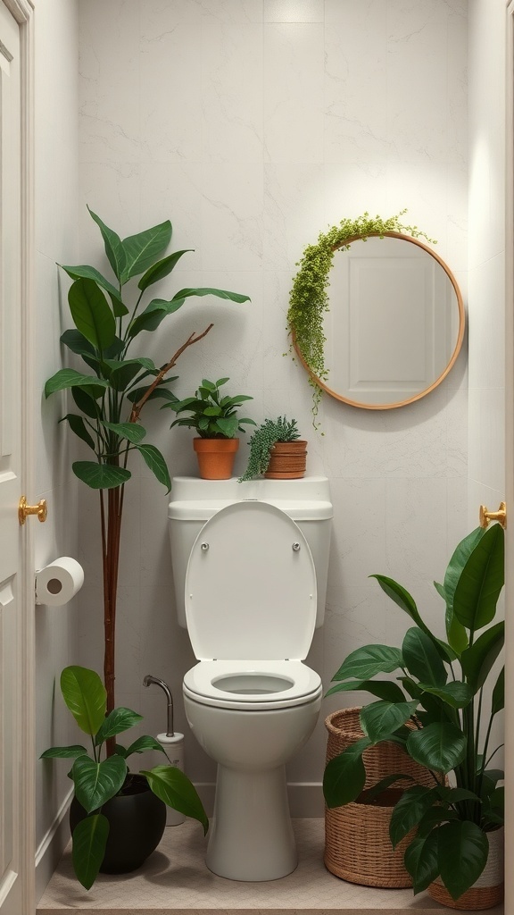 A small powder room featuring a toilet, plants, and a round mirror, creating a serene atmosphere.