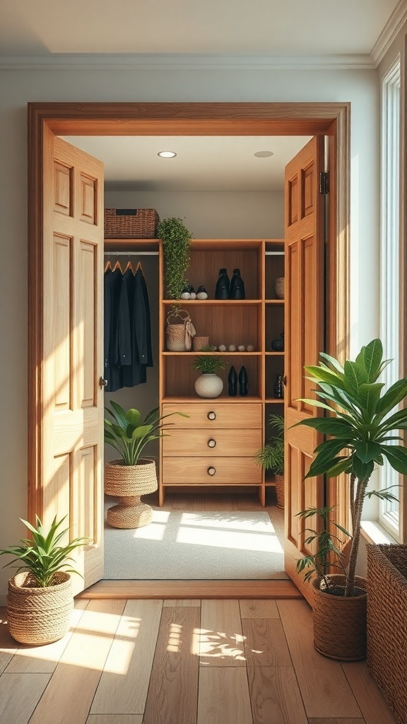 A bright open wardrobe with wooden shelves, plants, and natural light.
