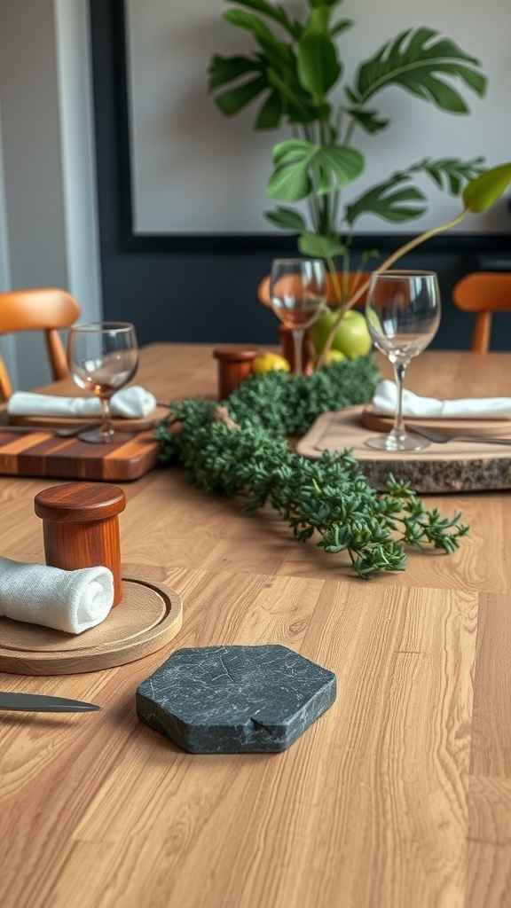 A dining table styled with natural elements, featuring greenery, wooden accents, and simple tableware.