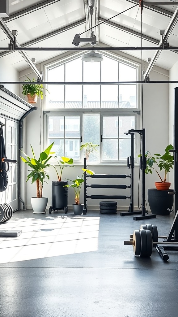 Bright garage gym with large windows and plants, showcasing natural light