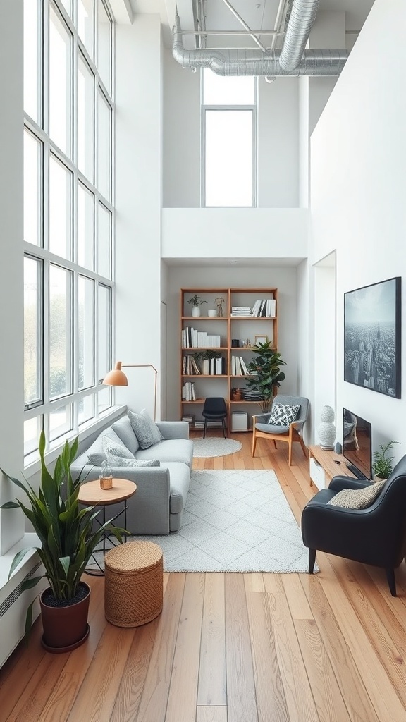 Bright and airy living space with large windows, wooden flooring, and cozy furniture.